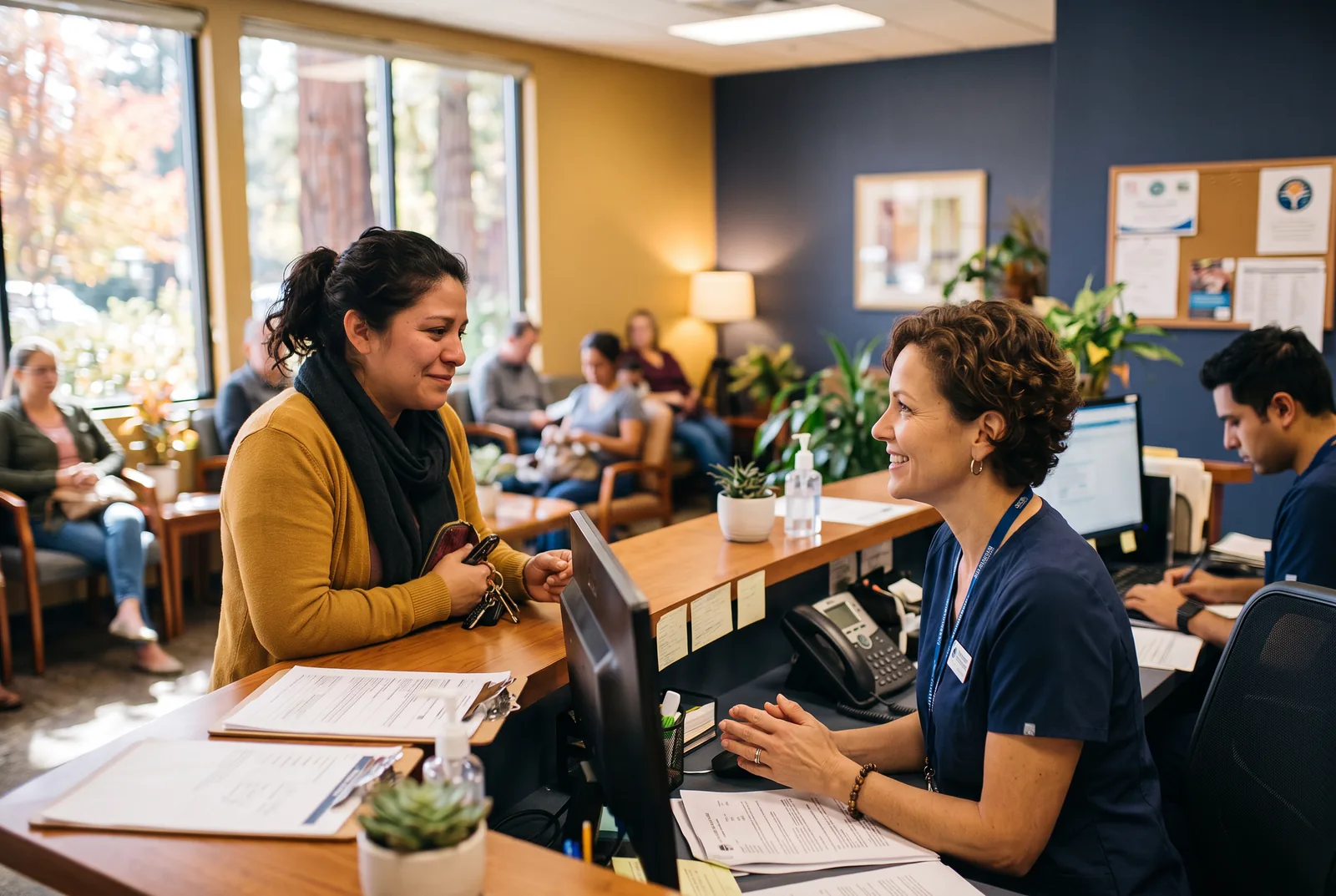 Front-desk staff member smiling as she checks in a visitor at a community clinic