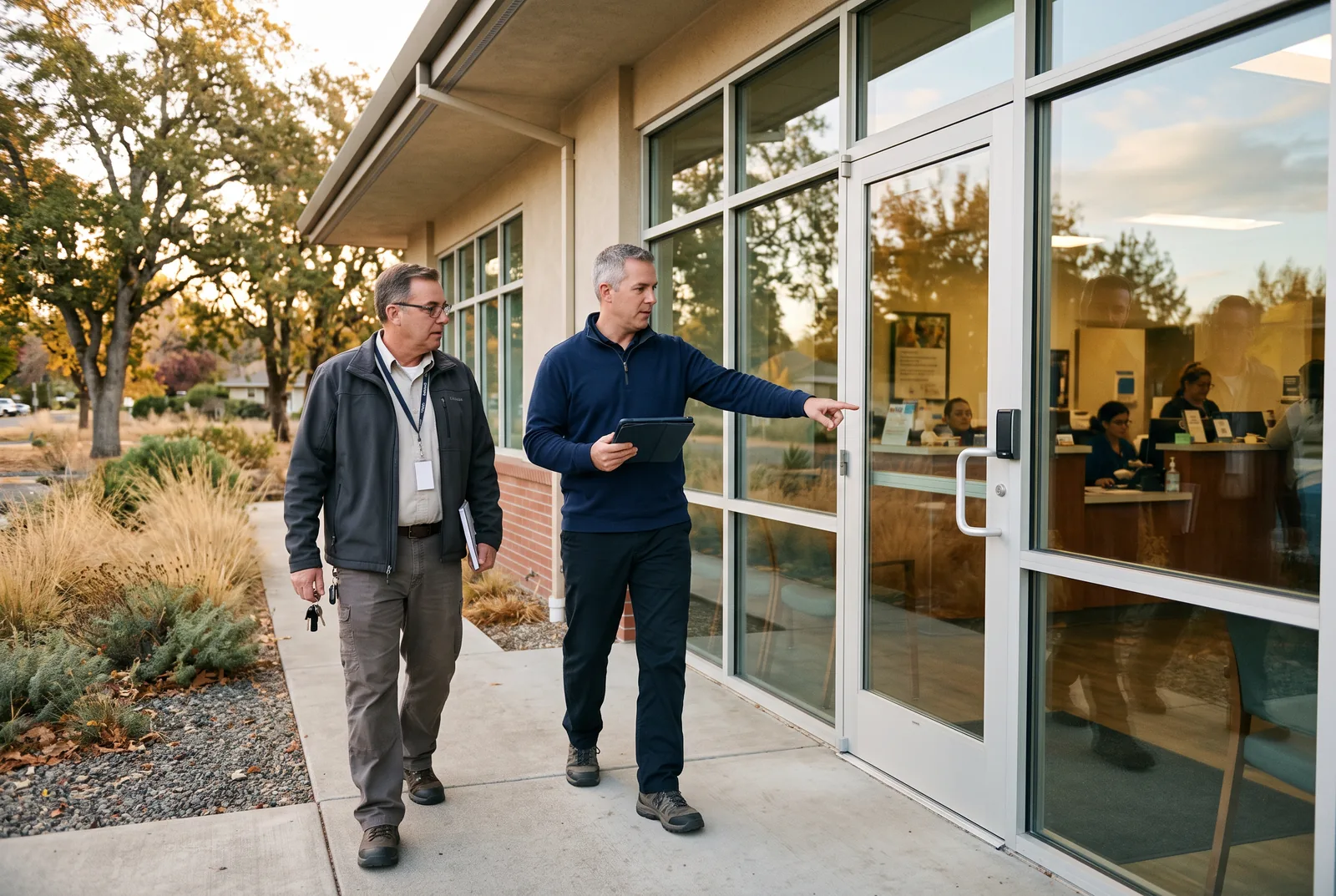 Consultant walking a clinic entrance with a facilities manager, pointing to the door access reader