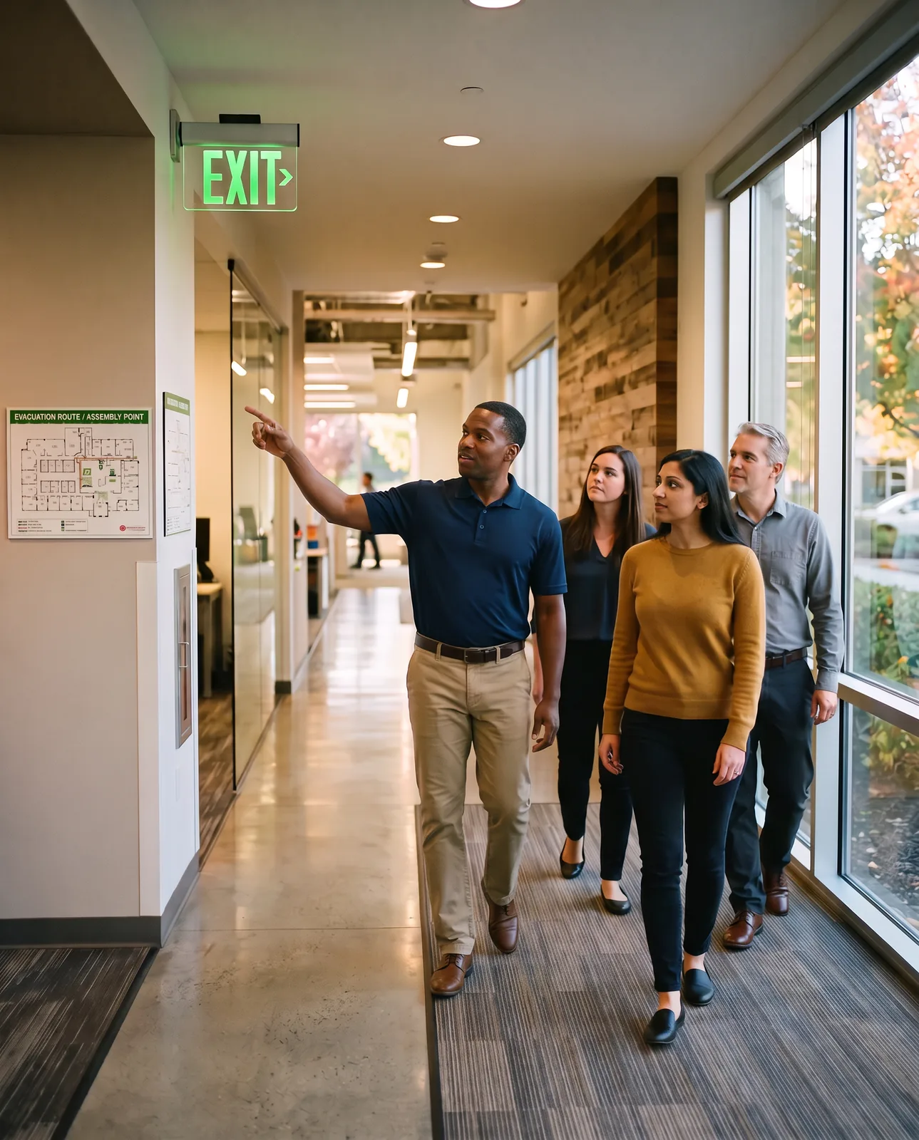 Golden Pacific consultant pointing out the exit sign and evacuation route to a group of employees
