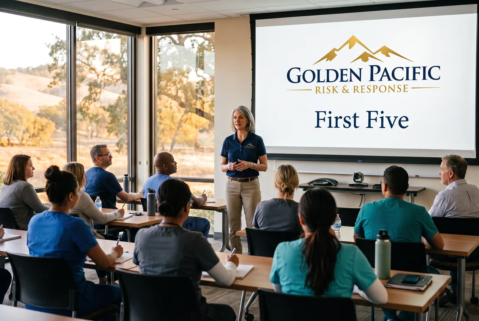 Golden Pacific facilitator in a navy polo and khakis leading a First Moves session, with the company logo on the projector screen