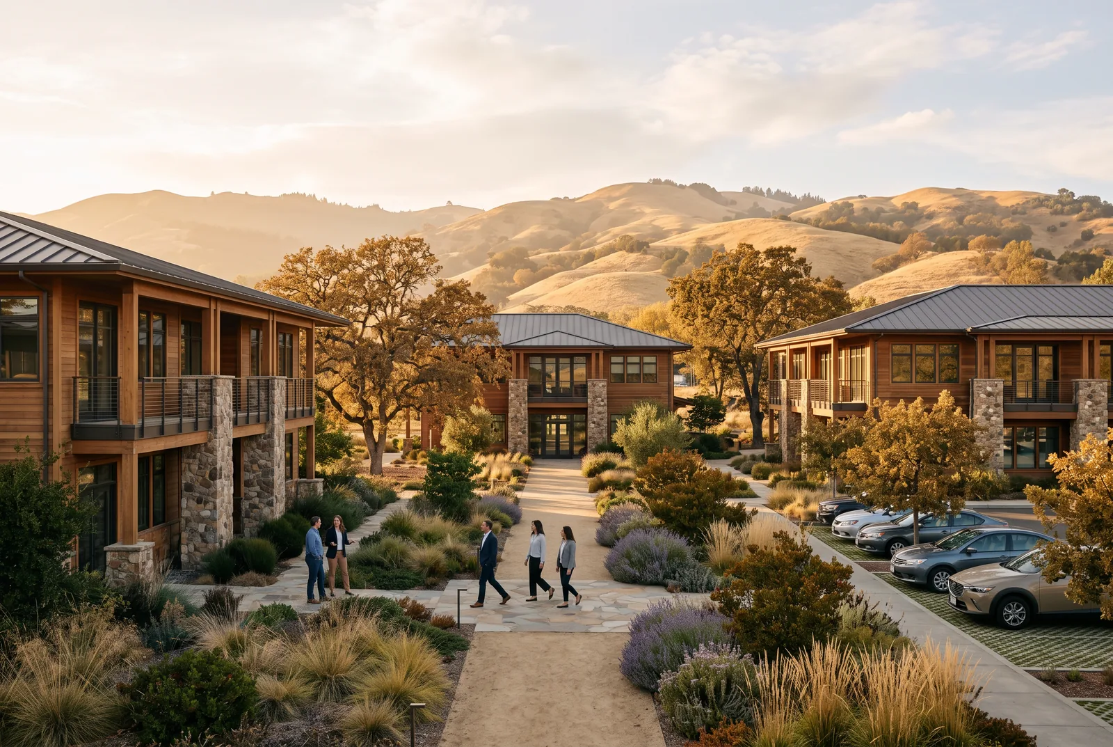 Small business campus in Sonoma County with oak trees and golden hills at sunset