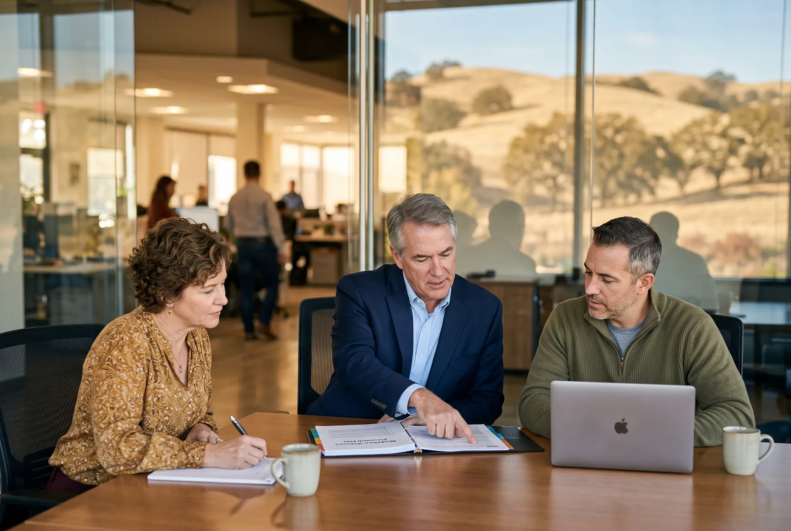 Consultant reviewing a workplace violence prevention plan with an HR director and operations manager